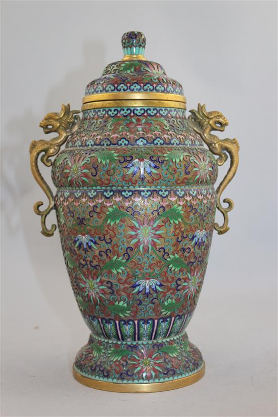 A Chinese bronze and cloisonne enamel vase and cover, early 20th century, 28.5cm